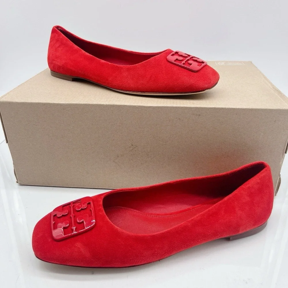 Tory Burch Georgia Women's Ballet Flats LOGO Slip On Red Suede Size US 8